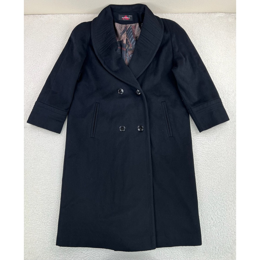 Vintage Alorna Coat Womens Petite Small Black Wool Shawl Collar Lined Overcoat